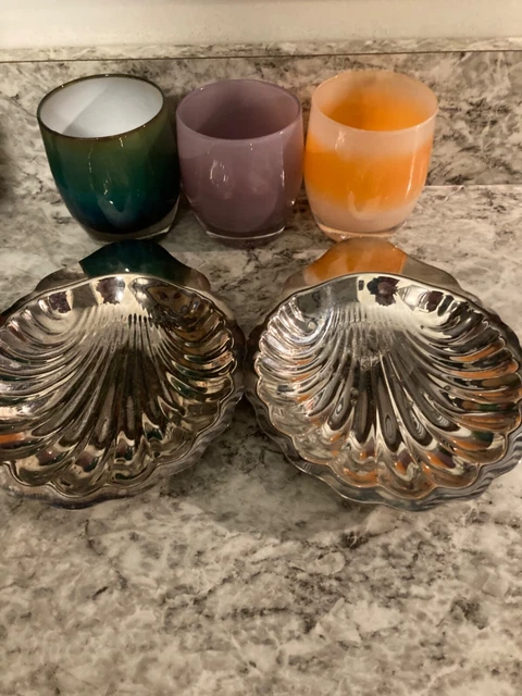 Pair Crested Scallop Shell Pin Dishes Silver Plated Antique