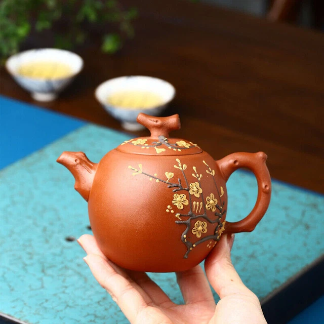 real yixing zisha qingshui clay marked tea pot floral relief handmade pot China