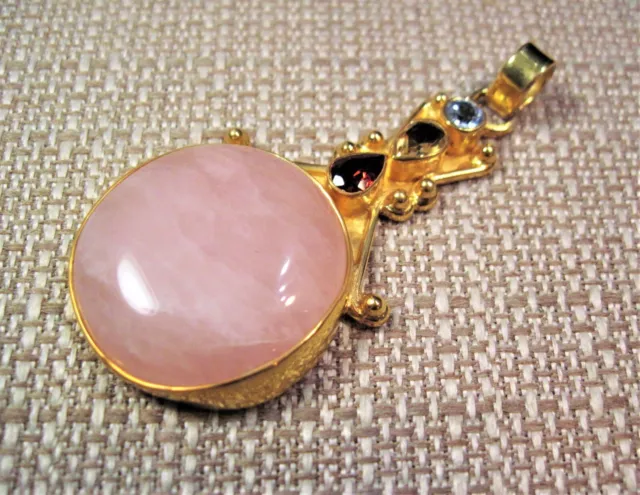 Lg Fancy 18k Gold over 925 Sterling Rose Quartz Citrine Garnet Topaz Pendant F12