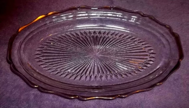 Vintage Jeannette Clear Glass Oval Relish Dish Bowl Gold Trim Scalloped 8 3/4" W