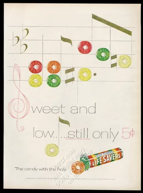 1955 Life Savers 5 flavors candy as musical notes staff art vintage print ad