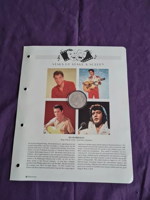 Elvis Presley Silver Coin With Info Stars Of Stage & Screen Sheet