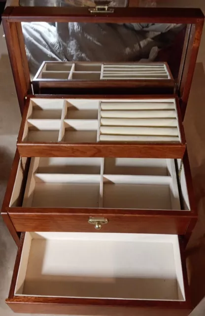Wooden Half Round Top Jewelry Box. Brass Look Hardware. 3 Drawer Automatic  Open