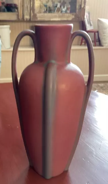 VAN BRIGGLE Pottery Mulberry Striped Matte Glaze 2 Handled 12.5”  Vase Signed