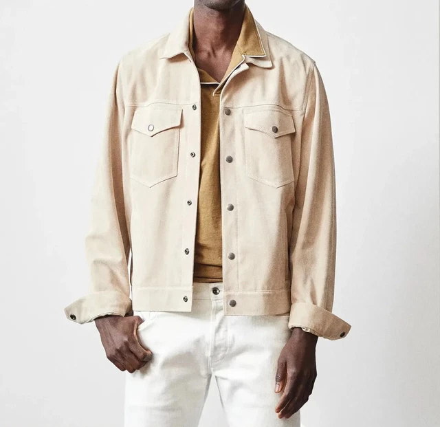 MENS IVORY SUEDE Leather Trucker Bomber Jacket Custom Made Size