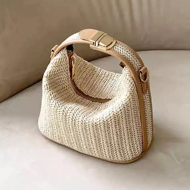 Women Summer Woven Beach Straw Bags with Zip Retro Rattan Purse Tote Handbag