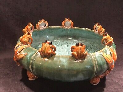Vintage Mann Art Pottery Decorative Glazed Frog Bowl / Pond / Planter 11.5” D 7