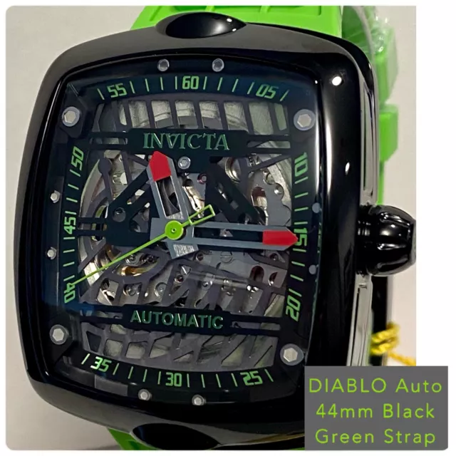 Green Skeletonized 44mm Black Rectangle Silicone Auto DIABLO Invicta Mens Watch