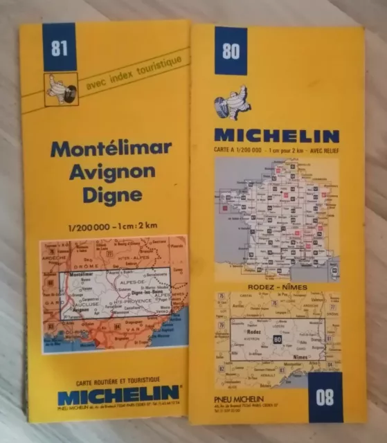 Lot- 2 cartes routières MICHELIN jaune N°80-81 Sud de la Franc Vintage 1980-1998