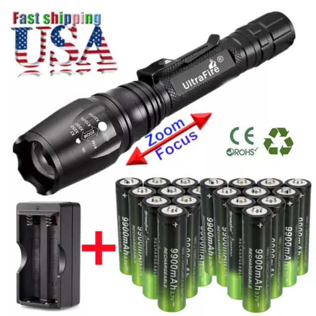 2-20x 3.7v Rechargeable Battery Charger 900000Lumens Zoom LED Flashlight Lot US 2