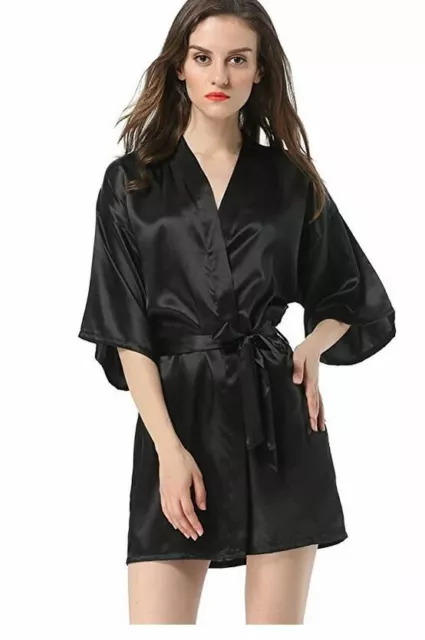Women's Black Chinese Faux Silk Robe Bath Gown Hot Sale Kimono Yukata Bathrobe S