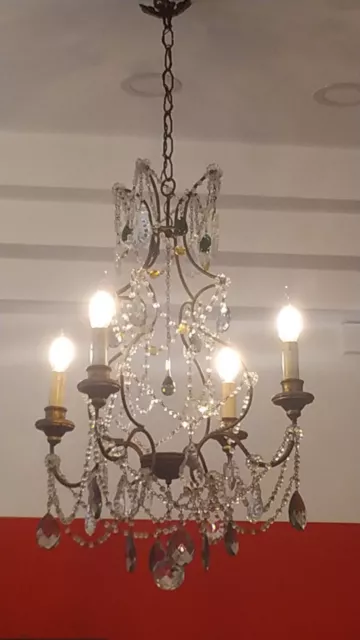 Bellissimo lampadario d'epoca  Luigi XV Cristalli 4 Luci Old Chandelier Lustre