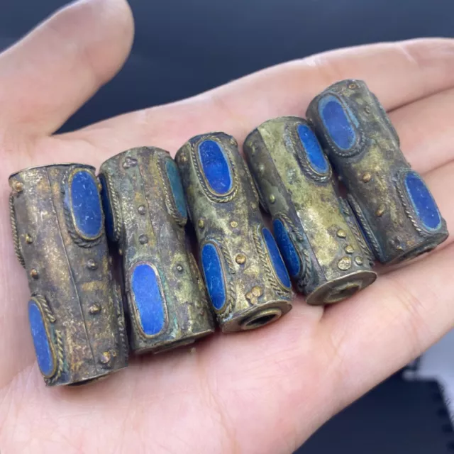 Lot Of 5 Wonderful Ancient Afghanistan Bronze Beads With Lapis Stone