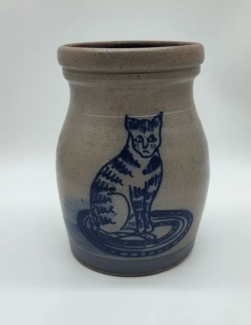 Vintage Rowe Pottery Works 1992 7" Cat Crock Cobalt Salt Glaze Cambridge WI