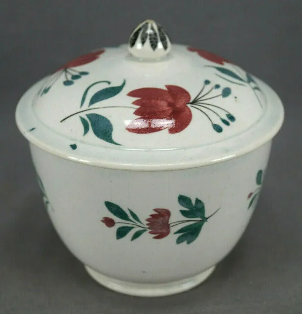 British Brushstroke Enamel Red Floral Pearlware Sugar Bowl C.1830-1840