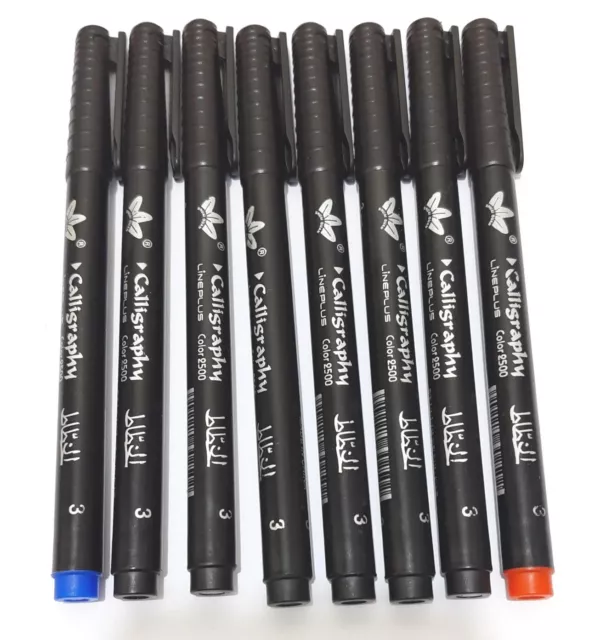 8 x CHISLLED NIB CALLIGRAPHY PENS- 3 COLOURS - 3 mm Nib Line width