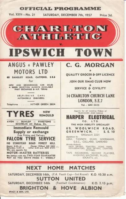 Charlton Athletic v Ipswich Town 7 December 1957 Division 2 Football Programme