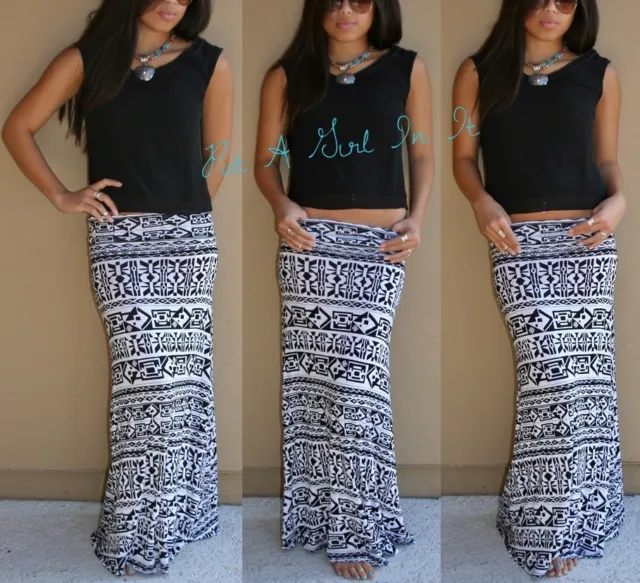 New Womens FOLDOVER BLACK WHITE SOUTHWEST AZTEC RUINS BOHO MAXI SKIRT S M