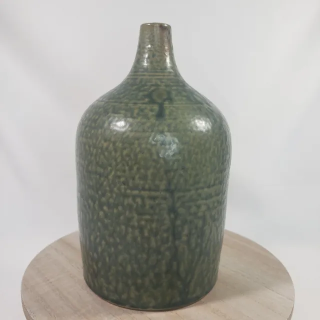 Vintage Japanese Pottery Stoneware Weed Pot Vase MCM Green Speckle Glaze 7"