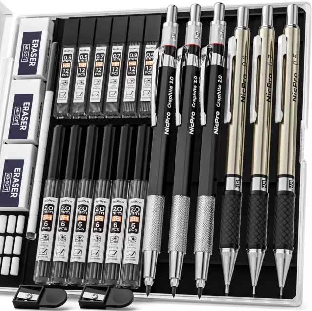 Nicpro 6PCS Art-Druckbleistift-Set Im Etui, Metall-Zeichenstift 0,5 Mm, 0,7 Mm,