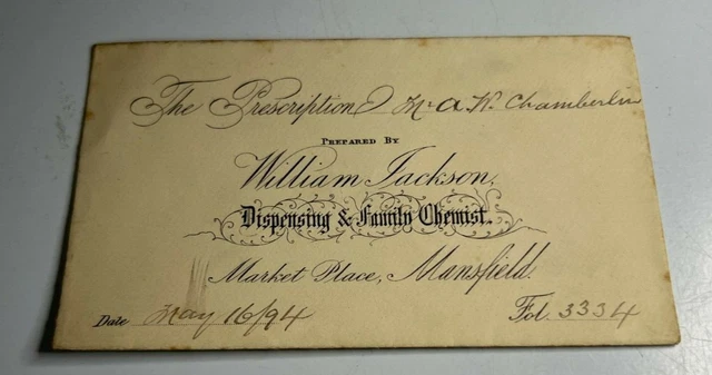 Antique Prescription Envelope  William Jackson Chemist Market Place Mansfield