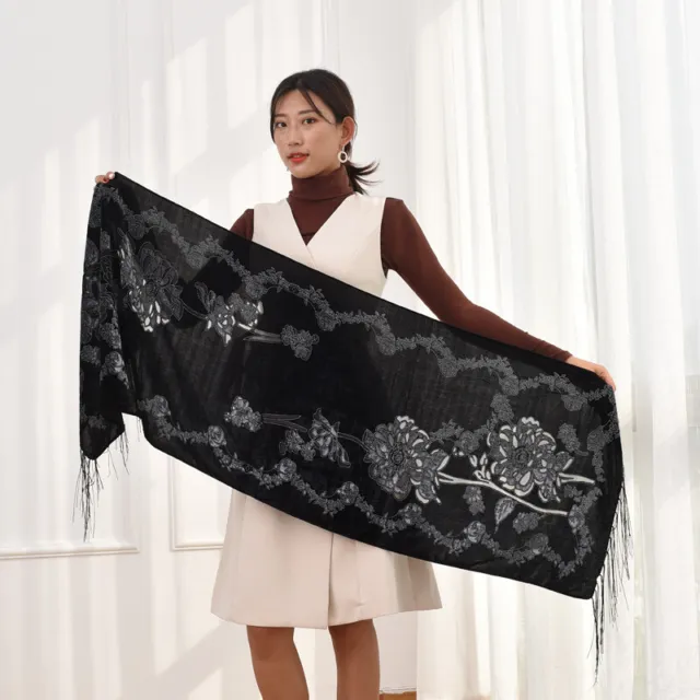 All Black Silk Velvet Burnout Scarf Women Doble Floral Designer Poncho Winter