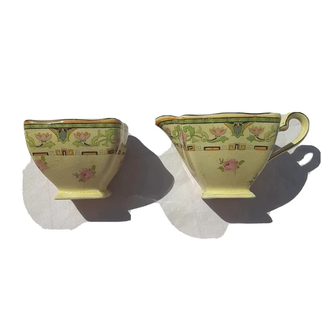 Vintage Royal Winton Grimwades Sugar & Creamer Set Gold Trim Unique Shape 2 Pcs 2