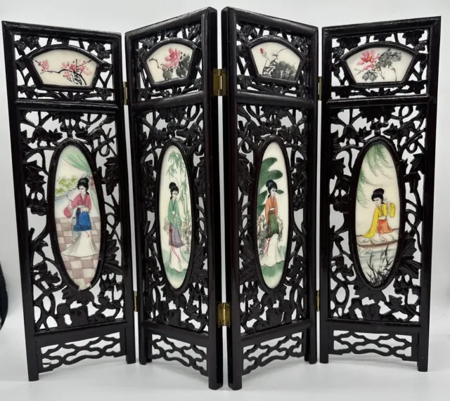 4 Panel Asian Mini Hinged Screen Detailed Geisha Girls Floral Table Art 14” tall