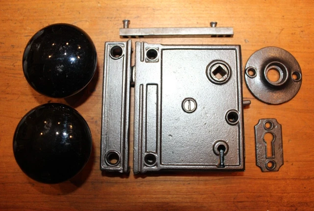 Restored Antique Cast Iron Rim Lock Set with Knobs, Keyhole, Rosette R-1