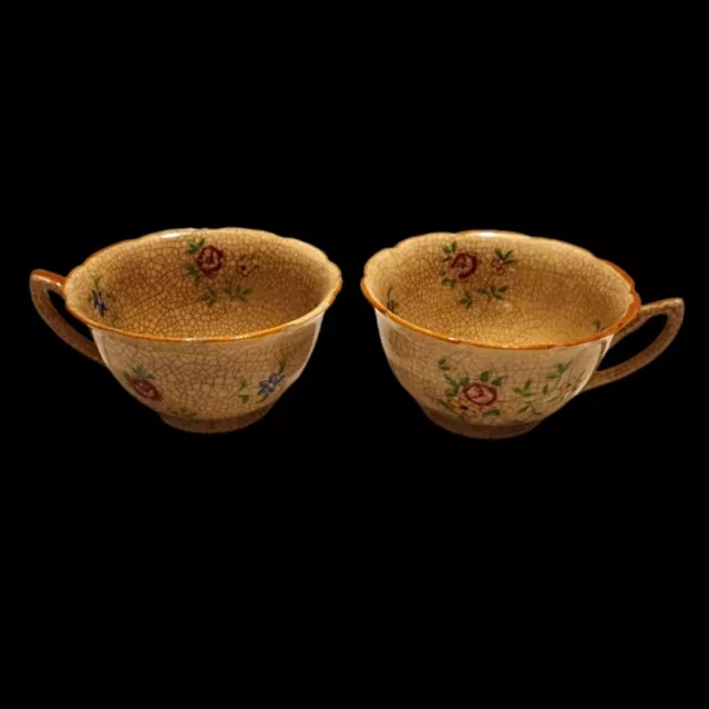 Vintage Crackle Glazed Hand Painted Flower Tea Cups 2" Japan Set Of 2