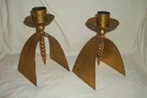 Arts And Crafts Hand Wrought Iron Candle Holders Gilt Mission Abstract Gothic