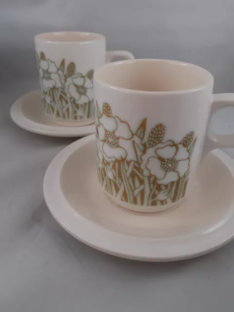 Hornsea Pottery Fleur COFFEE Cups & Saucers x 2 White Green Vintage British