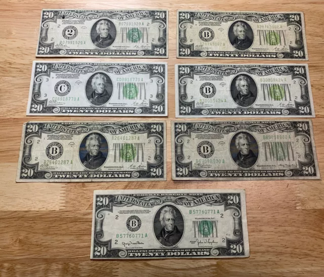 LOT $20 1928 (4x) 1928B 1934A 1950 LGS GREEN SEAL Federal Reserve Note