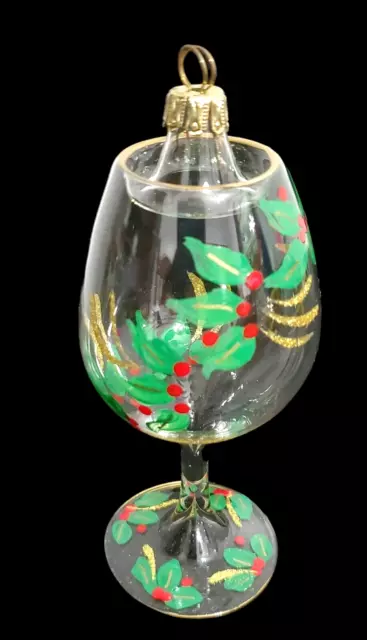 Wine Glass Christmas Tree Ornament Italy Blown Hand Painted Holly Gold Red VTG