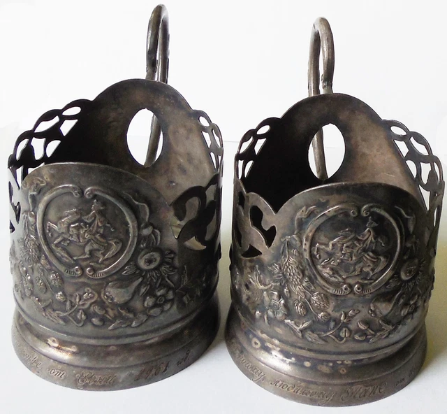 2 VINTAGE Matching SIGNED Russian Silver Plate Cup Holder COSSACK Man On HORSE