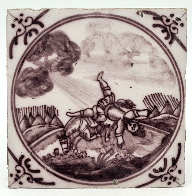 Antique 18th Century Dutch Delft Manganese Tile Biblical Scene AE5
