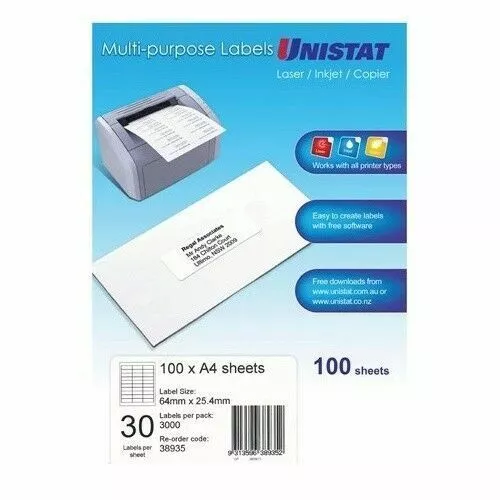 Unistat 38935 White Multi Purpose Labels 30 per Sheet 100 Sheets 64x25.4mm 30 UP