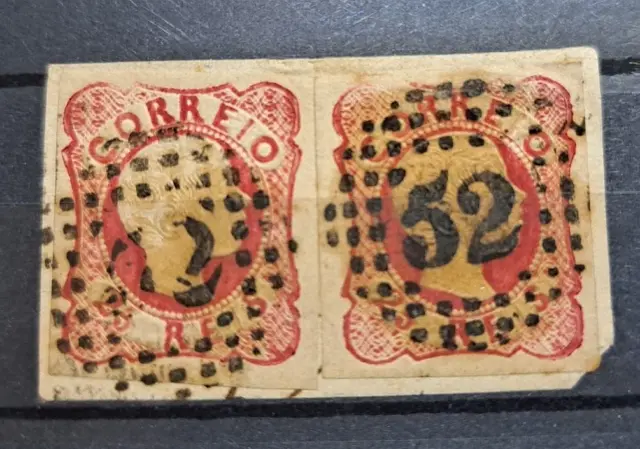 PORTUGAL . 1856-58 , 2 sellos con matasellos nº 52 .