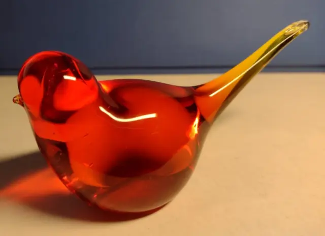 Orange to Yellow Handblown Art Glass Bird Figurine, 7.6  oz Paperweight