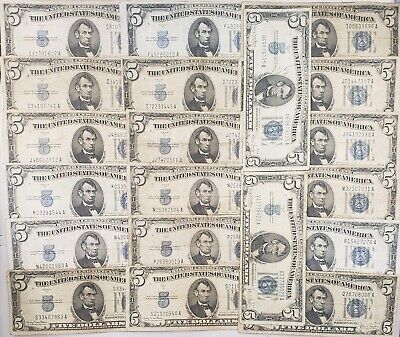 LOT OF 20 1934A,C,&D $5 LINCOLN BLUE SEAL (SILVER CERTIFICATE) Fr#:1651, 1653-54