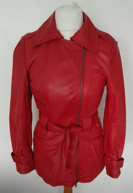 LAKELAND - REAL LEATHER Belted Jacket Coat RED Butter Soft Size 10 - STUNNING 2