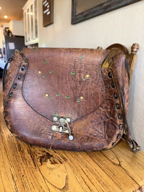 1970s one of a kind vintage leather tooled mushroom floral handprinted purse  / crossbody