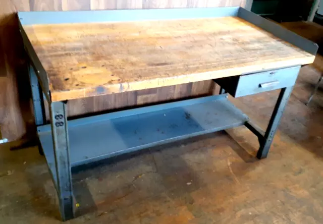 Vintage Work Bench, Heavy Maple Wood Top Classic Metal legs 30 x 60  -USA