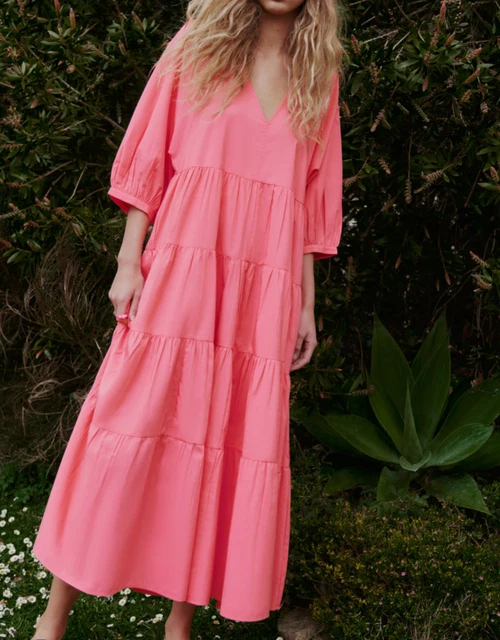 ZARA NEON FUCHSIA Pink Poplin Panelled Tiered Midi Maxi Dress Size S  Bloggers 37.10 - PicClick UK