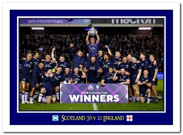 Scotland 30 v 21 England 2024 Calcutta Cup Rugby White Framed A4 Colour Print