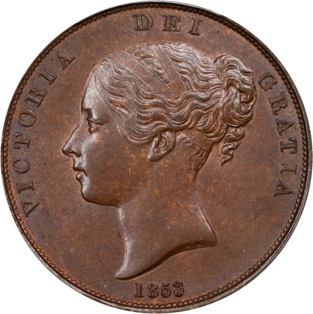 Great Britain Victoria 1853  1 Penny Coin, Uncirculated, Certified Pcgs Ms 63-Bn