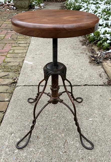 Antique Industrial Drafting Stool Adjustable Metal Wood Machine Age Swivel Seat