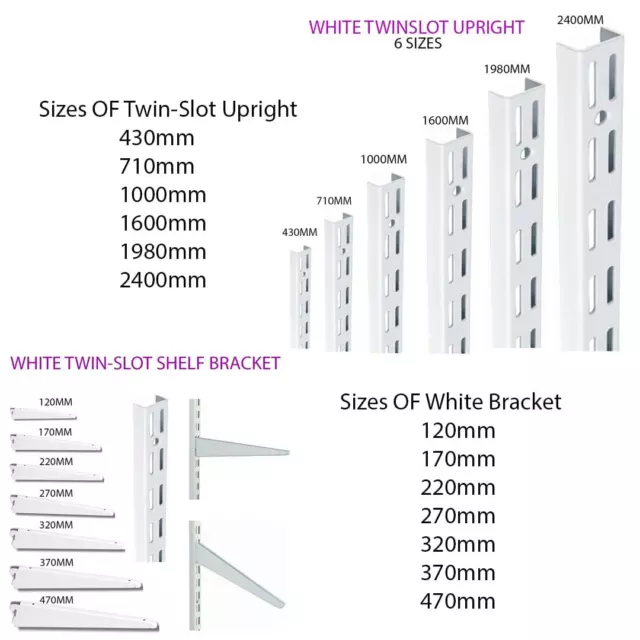 Twin Slot Shelving WHITE Uprights and Brackets Adjustable Strong Rack Wall Shelf