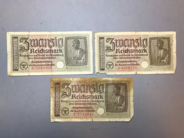 SET of 3  20 REICHSMARK NAZI GERMANY CURRENCY  BILL SWASTIKA WW2