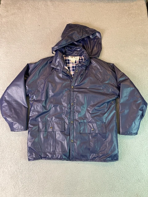 VINTAGE DUCK BAY Jacket Mens Large Blue PVC Flannel Lined Hooded